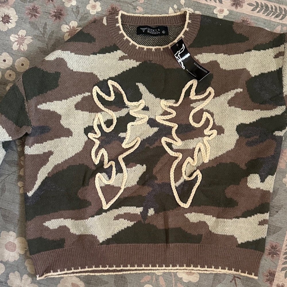 Lucky & Blessed Camouflage Crewneck Sweater in Brown, Green & Cream